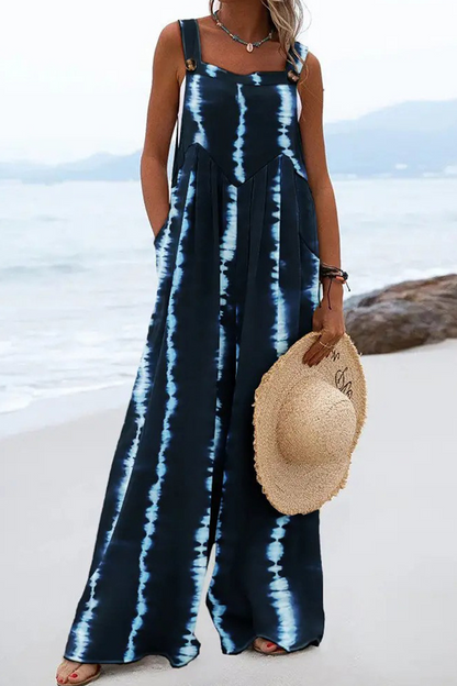 Print Patchwork Square Collar Straight Jumpsuits(4 Colors)
