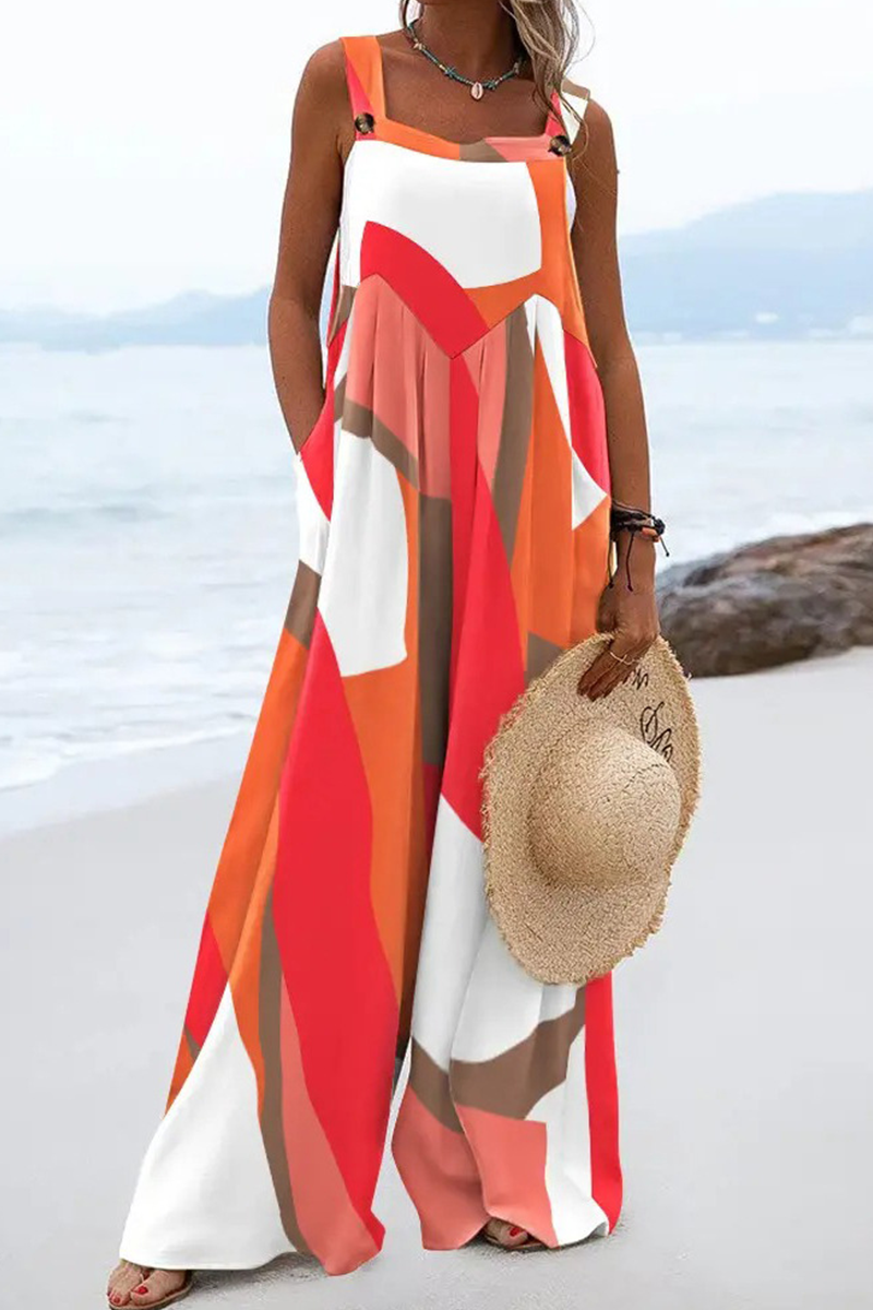 Print Patchwork Square Collar Straight Jumpsuits(4 Colors)