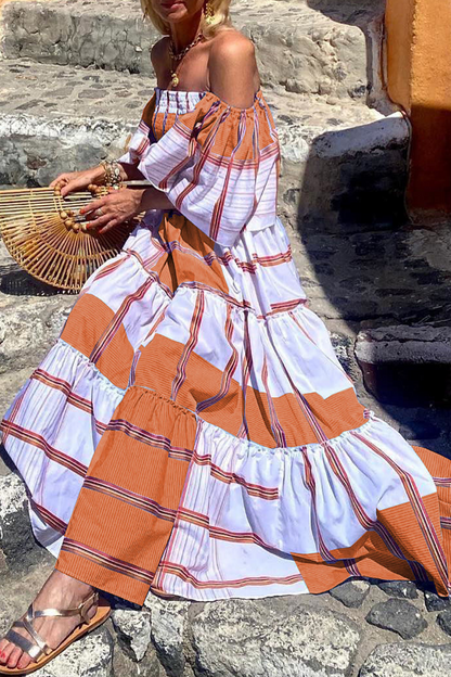 Print Patchwork Off the Shoulder Cake Skirt Dresses(3 Colors)