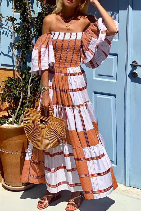 Print Patchwork Off the Shoulder Cake Skirt Dresses(3 Colors)