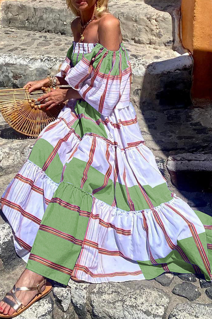 Print Patchwork Off the Shoulder Cake Skirt Dresses(3 Colors)