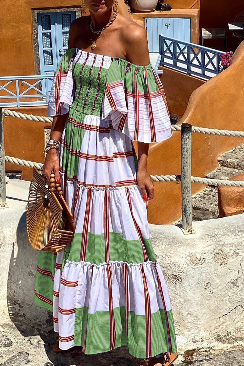 Print Patchwork Off the Shoulder Cake Skirt Dresses(3 Colors)