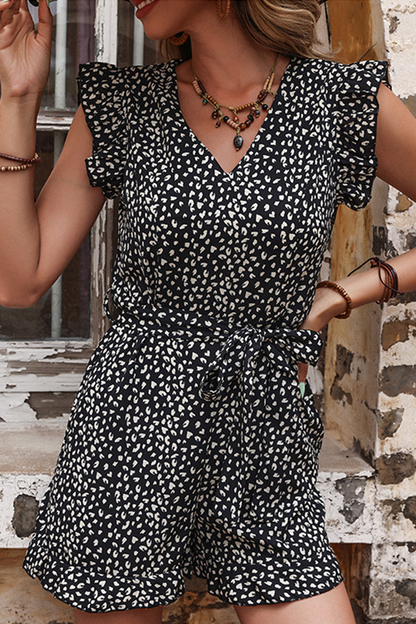 Print Flounce V Neck Straight Rompers