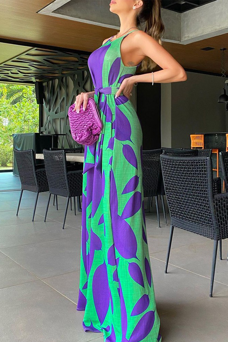 Print Patchwork Spaghetti Strap Loose Jumpsuits