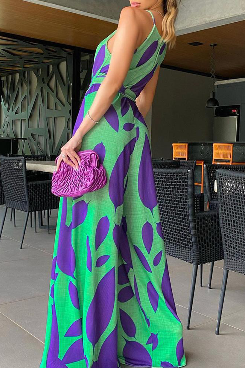 Print Patchwork Spaghetti Strap Loose Jumpsuits