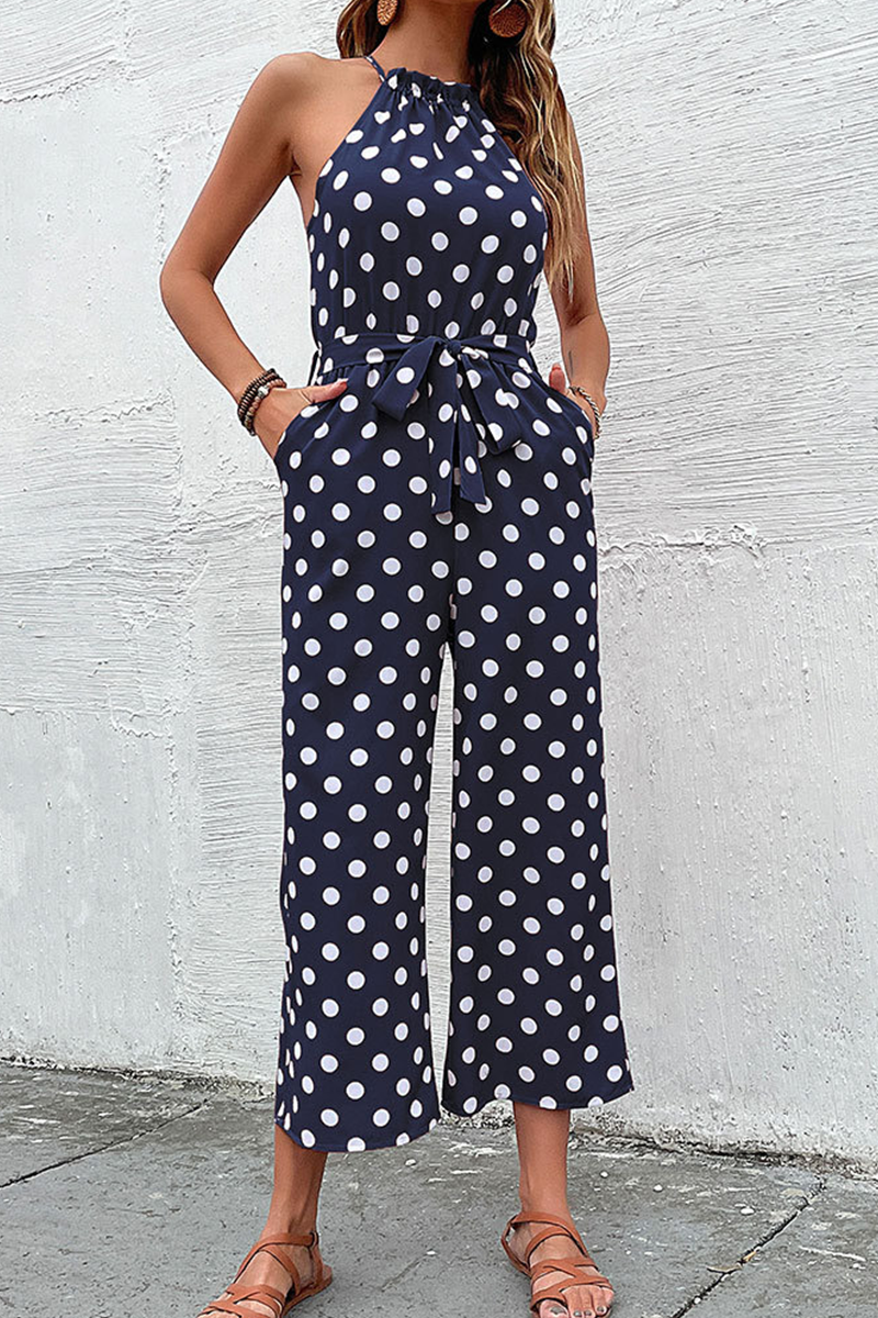 Dot Patchwork Halter Straight Jumpsuits(4 Colors)