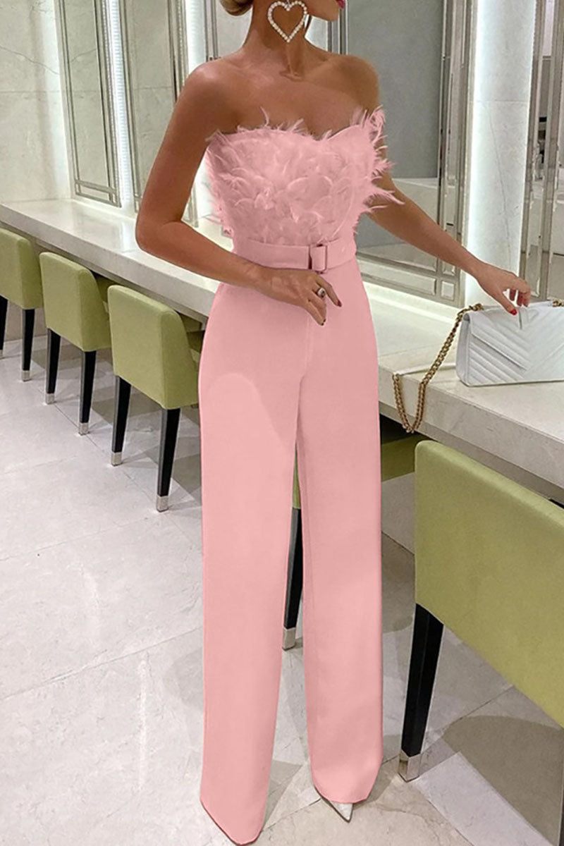 Feathers With Belt Strapless Jumpsuits(5 Colors)