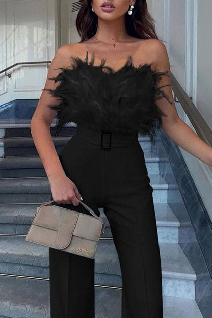 Feathers With Belt Strapless Jumpsuits(5 Colors)