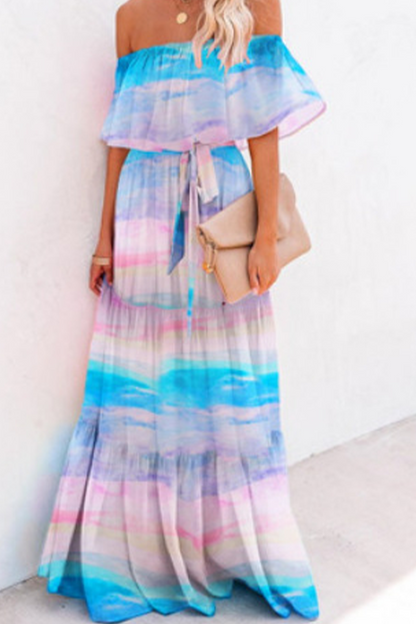 Gradual Change Flounce Off the Shoulder Cake Skirt Dresses(4 Colors)