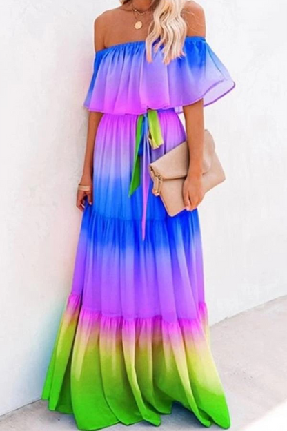 Gradual Change Flounce Off the Shoulder Cake Skirt Dresses(4 Colors)