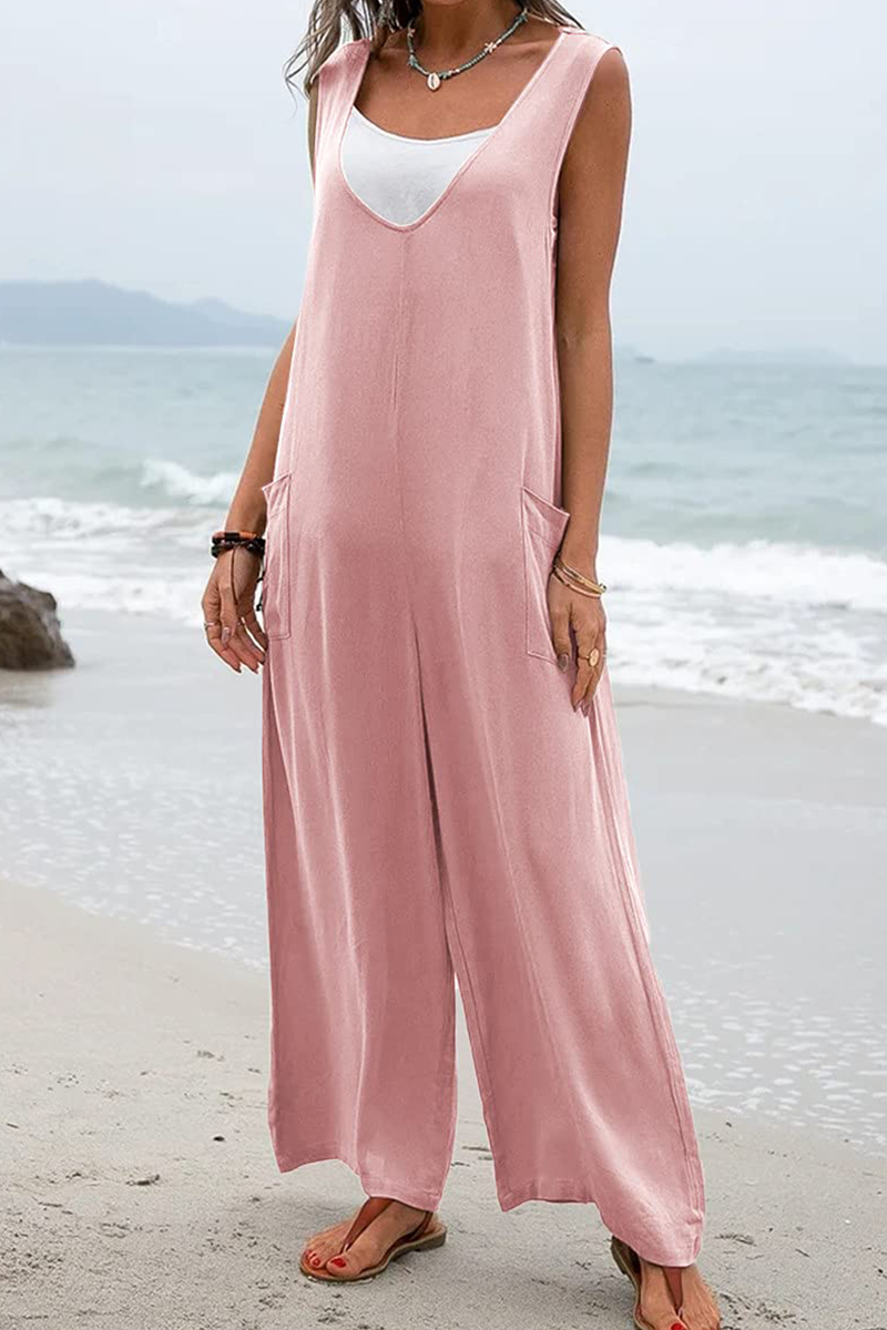 Patchwork U Neck Straight Jumpsuits(5 Colors)