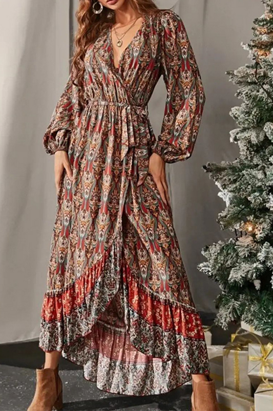 Print Patchwork V Neck Cake Skirt Dresses
