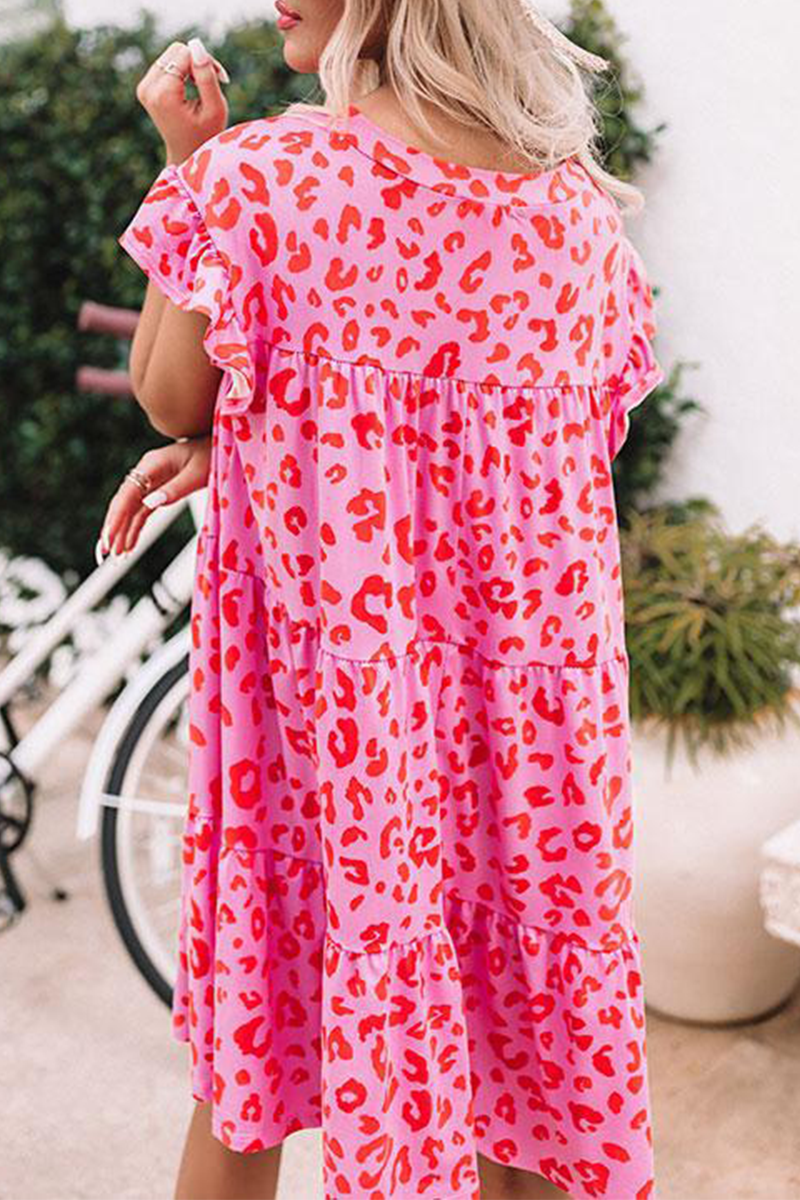 Leopard Flounce O Neck Cake Skirt Dresses(3 Colors)