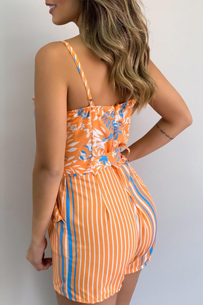 Print Patchwork Spaghetti Strap Straight Rompers