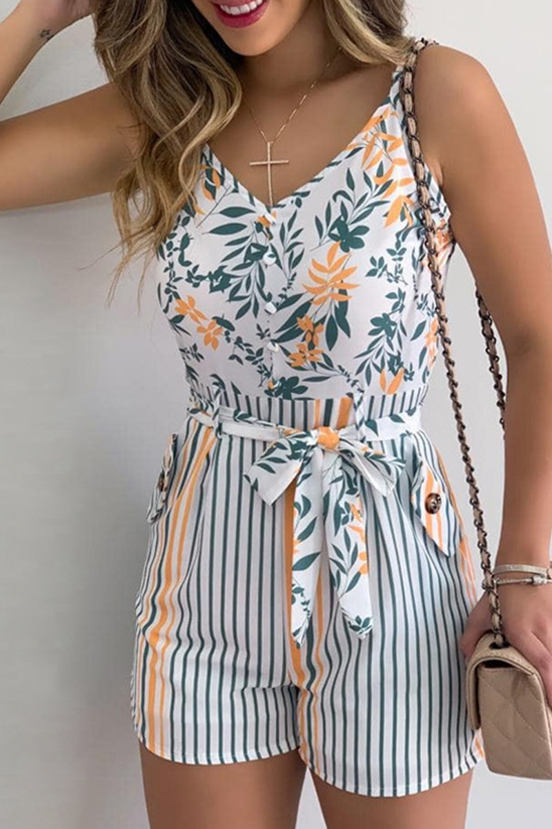 Print Patchwork Spaghetti Strap Straight Rompers
