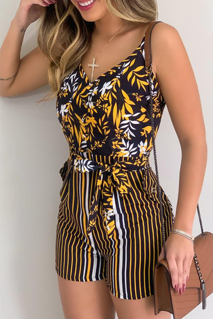 Print Patchwork Spaghetti Strap Straight Rompers