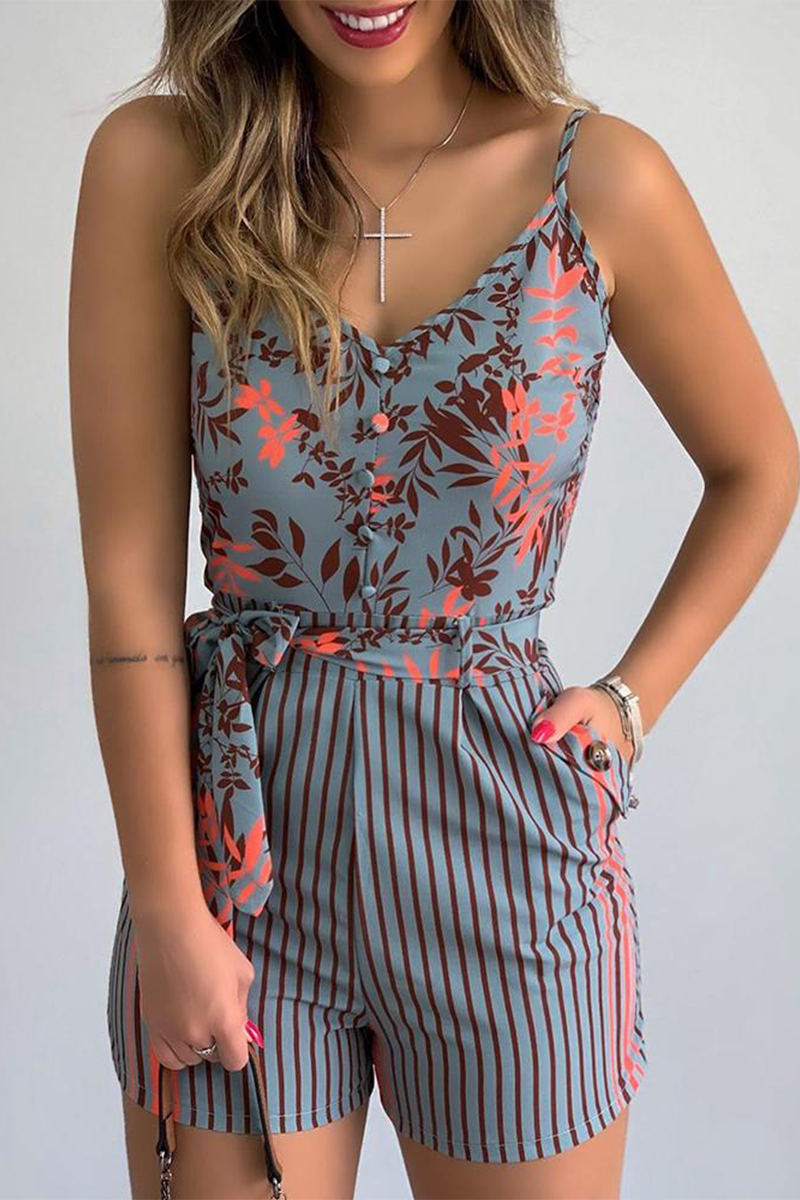 Print Patchwork Spaghetti Strap Straight Rompers