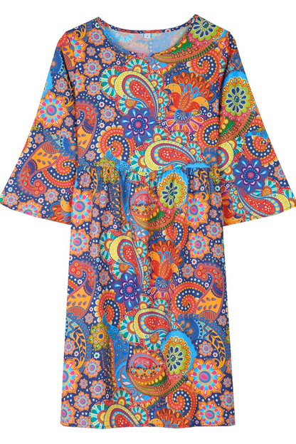 Print Patchwork O Neck Cake Skirt Dresses