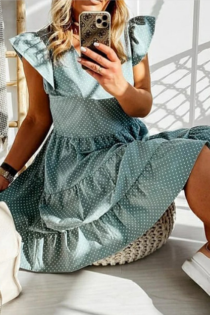 Dot Flounce V Neck Cake Skirt Dresses(3 Colors)
