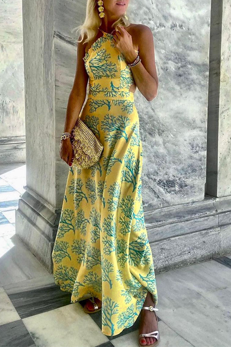 Print Patchwork Halter Waist Skirt Dresses(3 Colors)