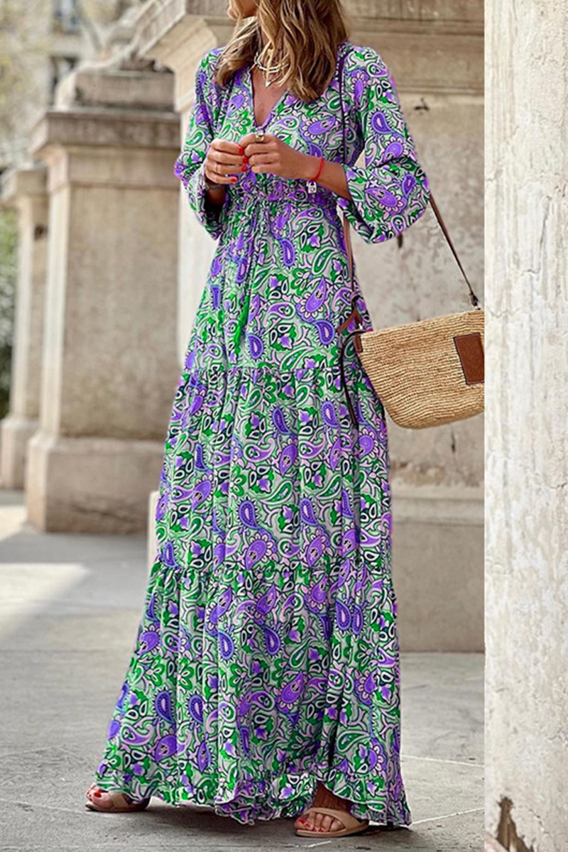 Print Patchwork V Neck Cake Skirt Dresses