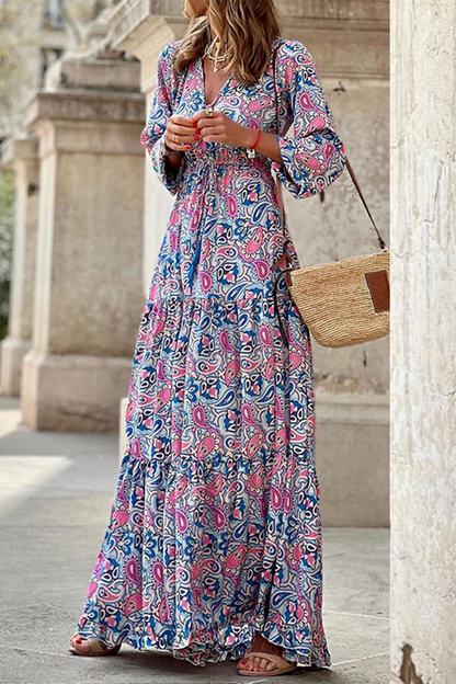 Print Patchwork V Neck Cake Skirt Dresses
