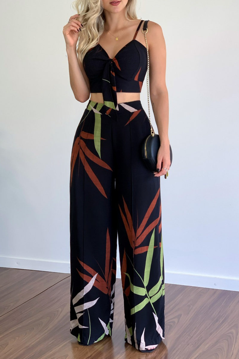 Print Patchwork Spaghetti Strap Straight Jumpsuits(5 Colors)