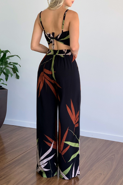 Print Patchwork Spaghetti Strap Straight Jumpsuits(5 Colors)