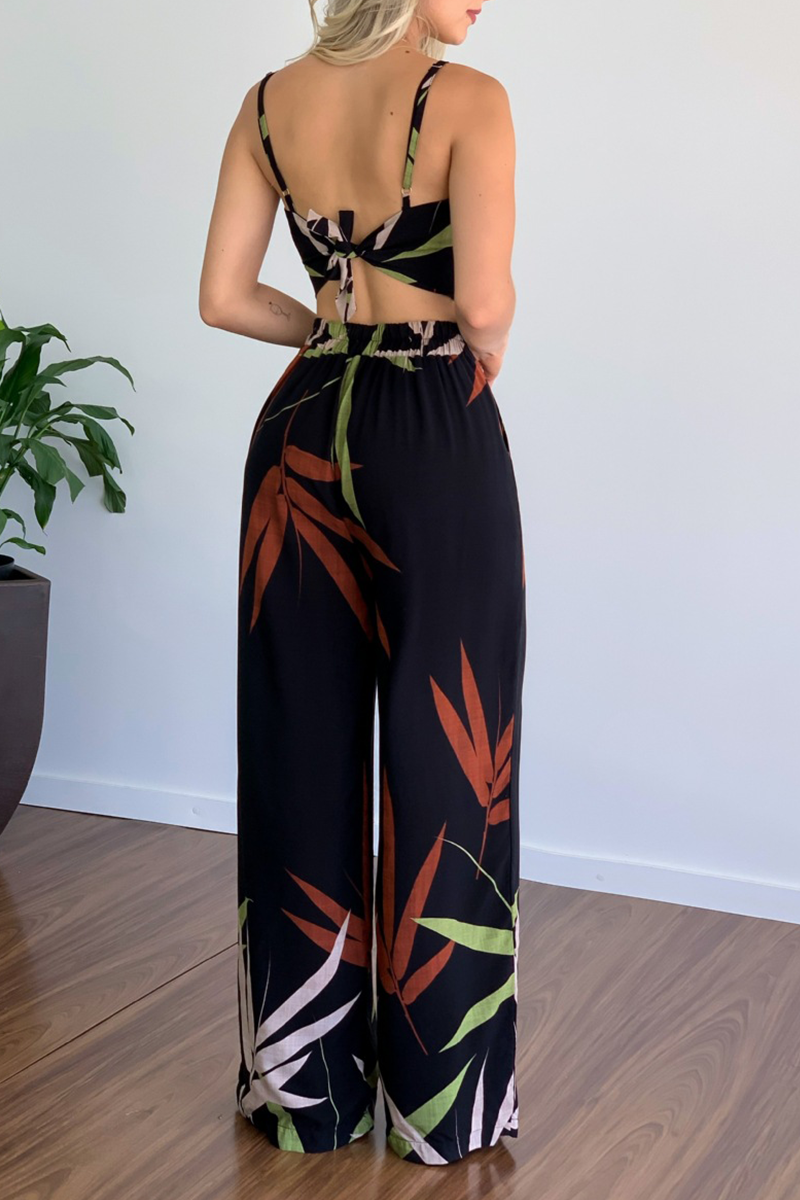 Print Patchwork Spaghetti Strap Straight Jumpsuits