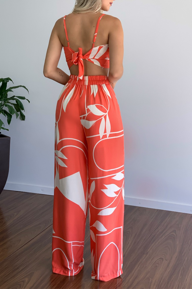 Print Patchwork Spaghetti Strap Straight Jumpsuits