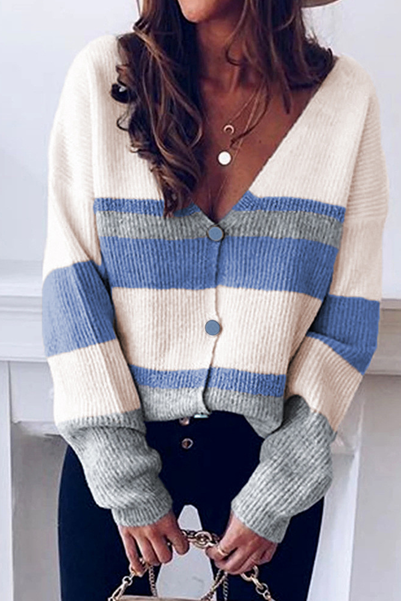 Striped Patchwork V Neck Cardigans(4 Colors)