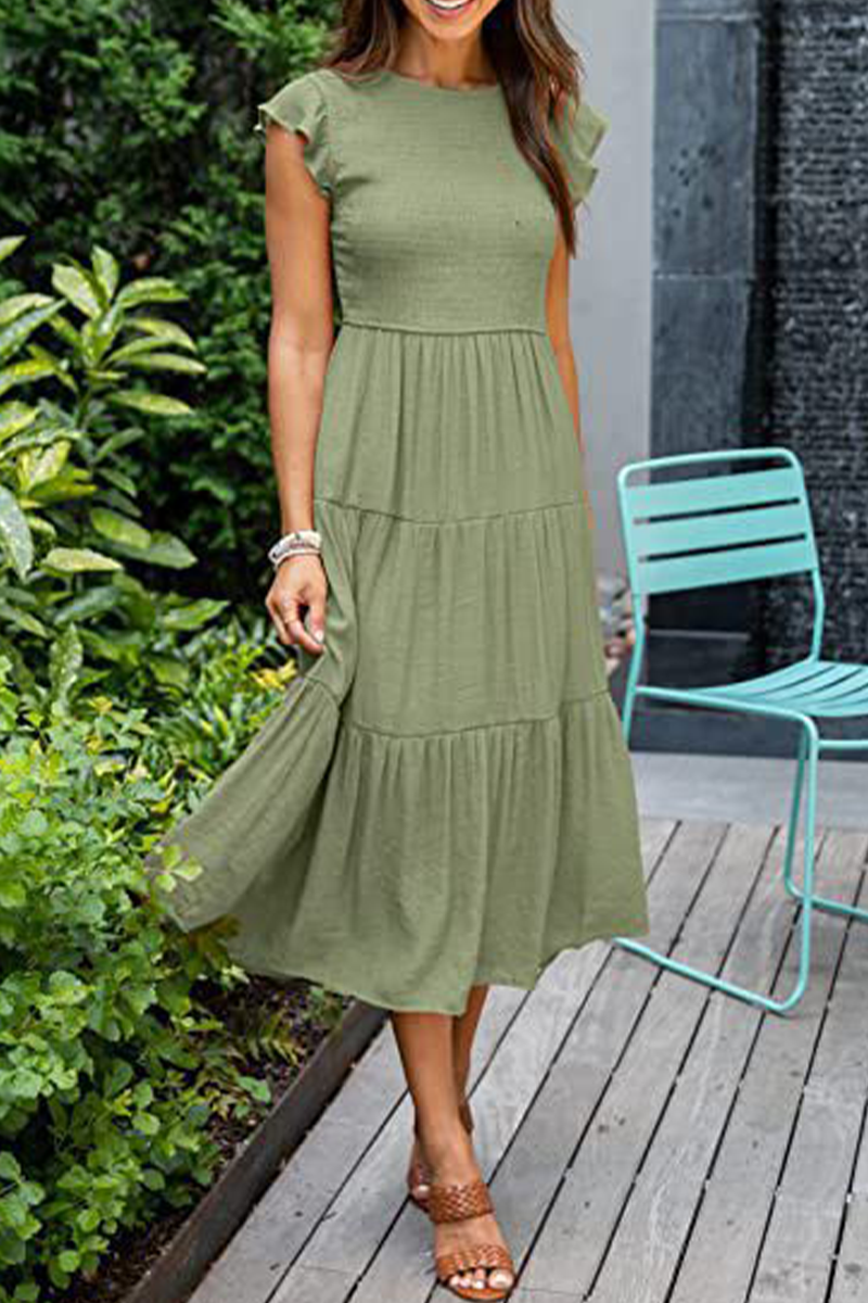 Flounce O Neck Cake Skirt Dresses（9 Colors）