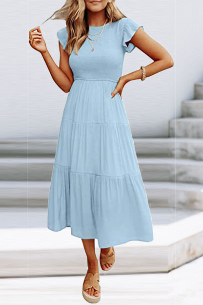 Flounce O Neck Cake Skirt Dresses（9 Colors）