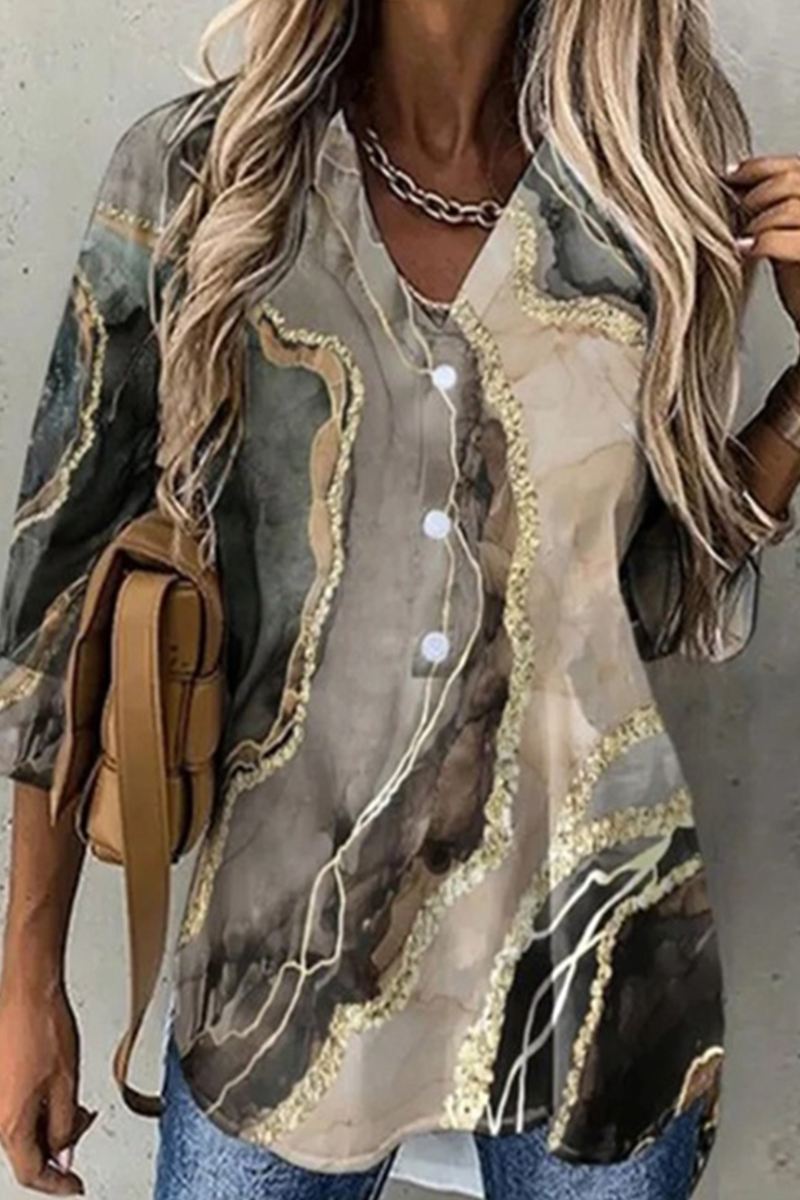 Print Patchwork Turndown Collar Blouses