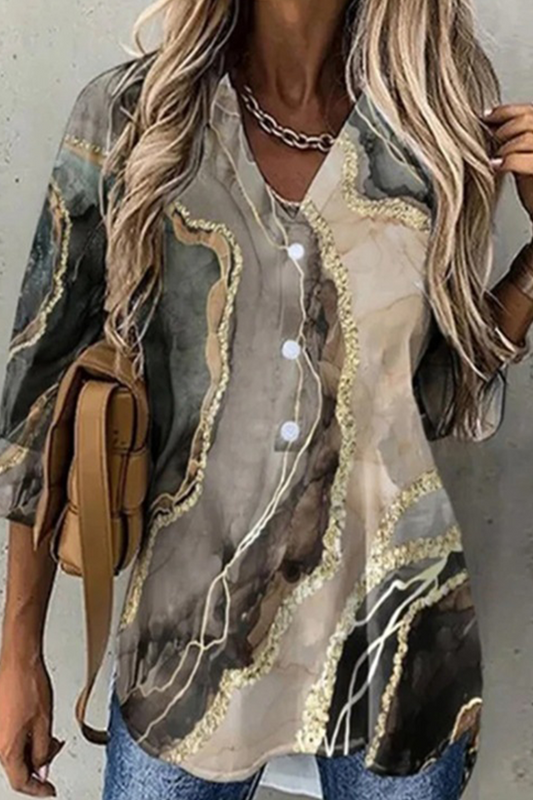 Print Patchwork Turndown Collar Blouses