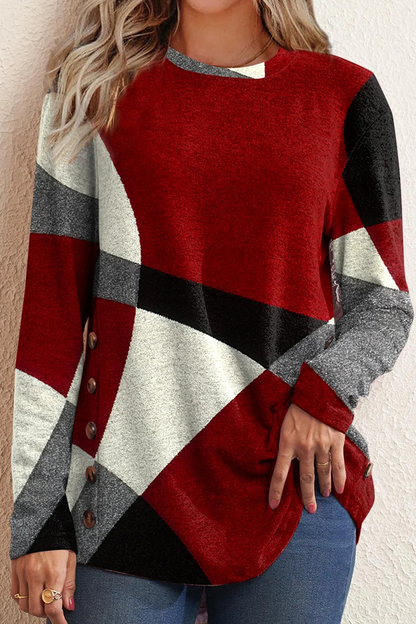 Print Patchwork O Neck Sweaters(5 Colors)