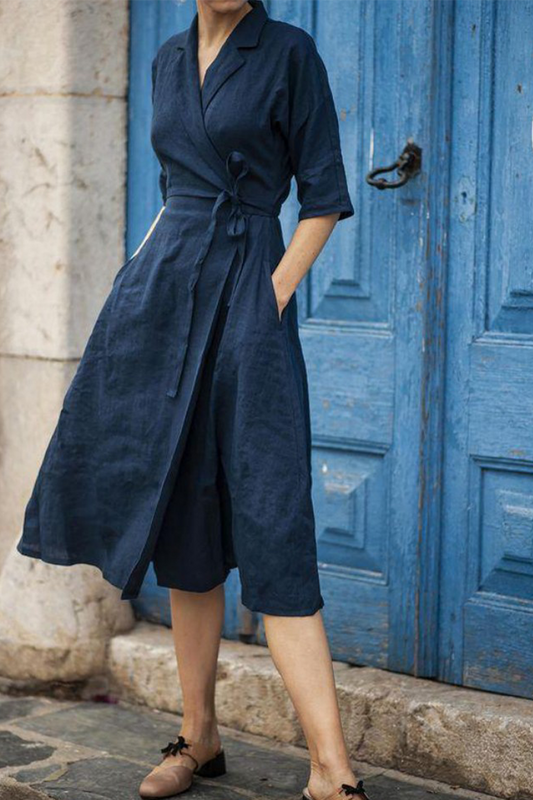 Patchwork Turndown Collar Waist Skirt Dresses