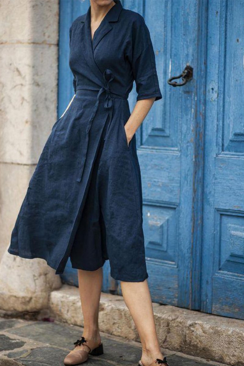 Patchwork Turndown Collar Waist Skirt Dresses