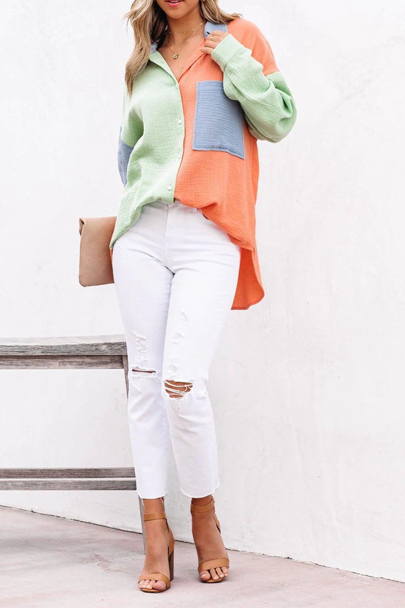 Patchwork Turndown Collar Blouses (4 Colors)