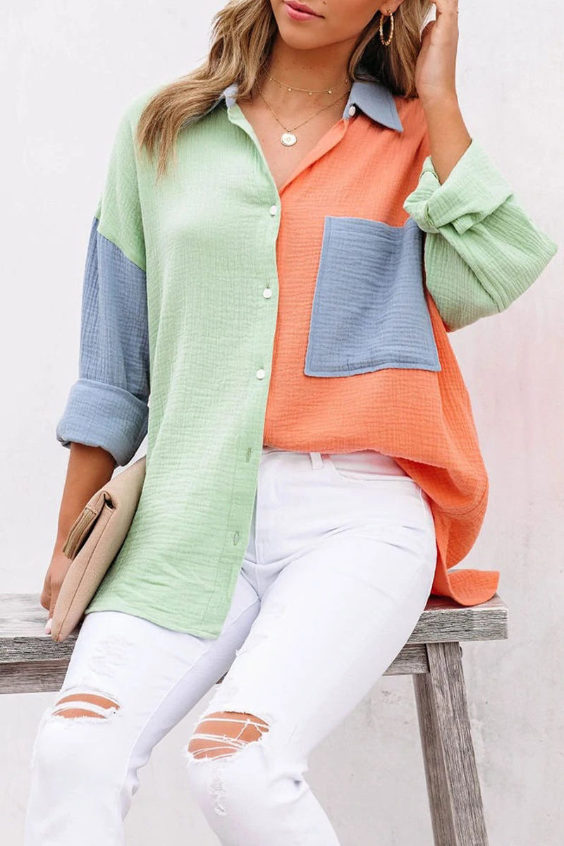 Patchwork Turndown Collar Blouses (4 Colors)
