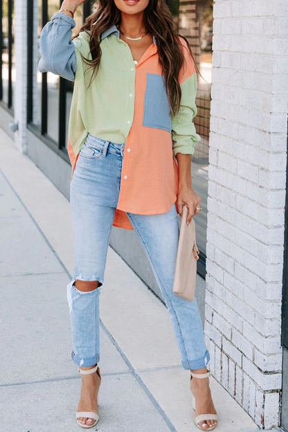 Patchwork Turndown Collar Blouses (4 Colors)