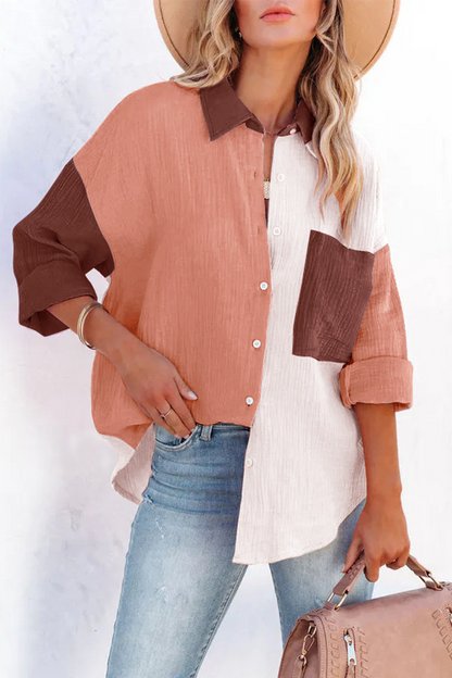 Patchwork Turndown Collar Blouses (4 Colors)