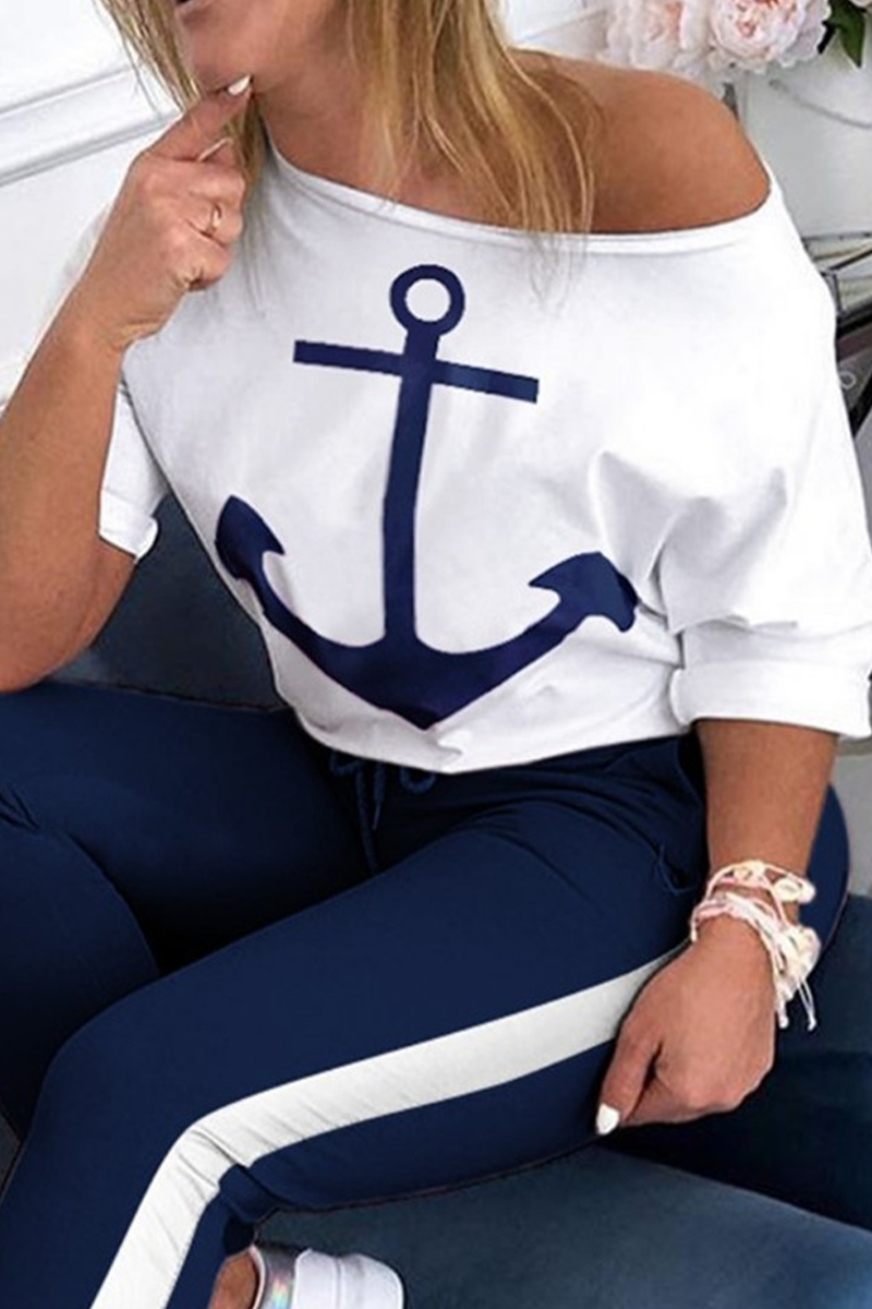 Print Patchwork One Shoulder Half Sleeve Two Pieces