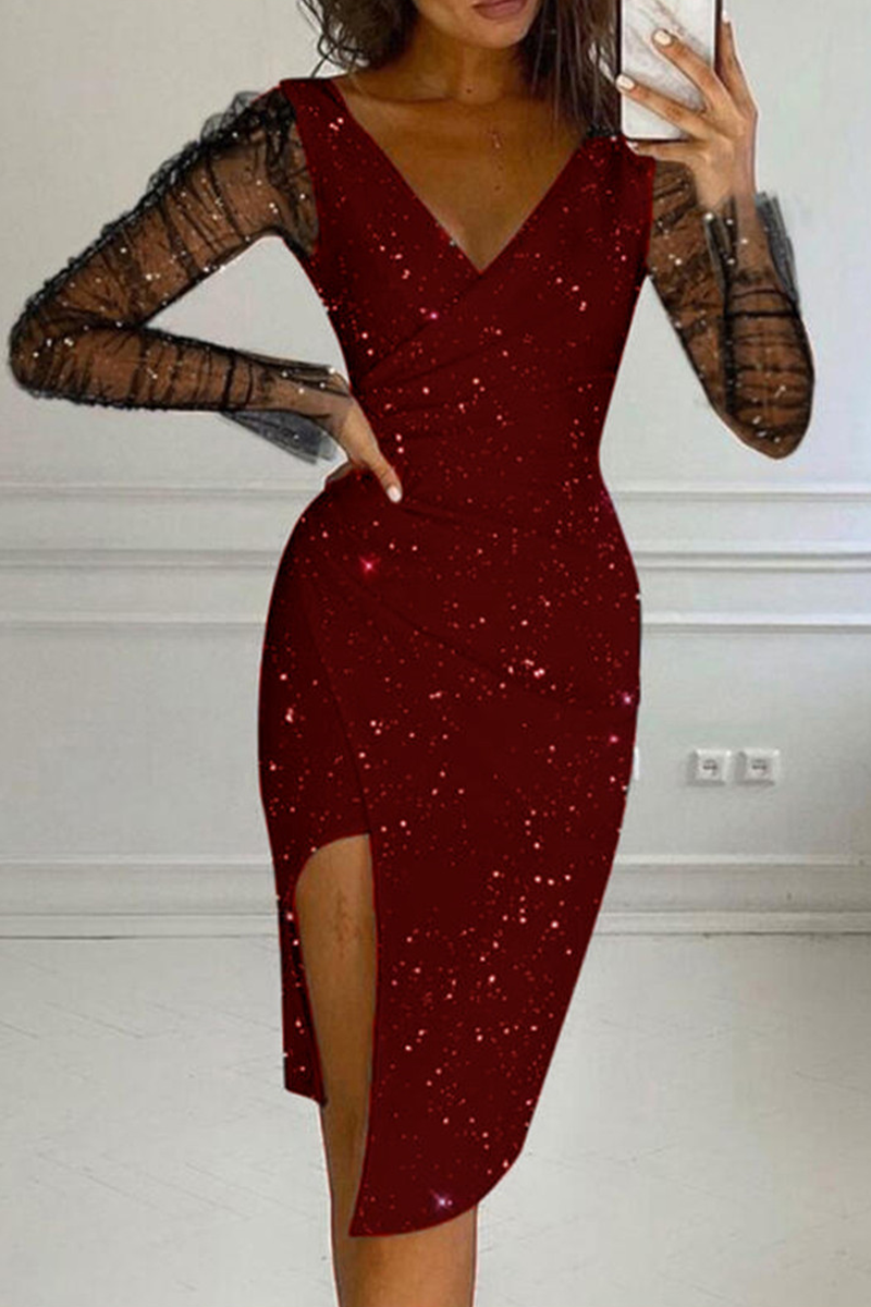 Mesh V Neck Pencil Skirt Dresses(4 Colors)