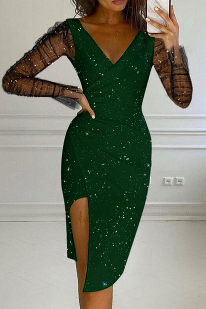 Mesh V Neck Pencil Skirt Dresses(4 Colors)