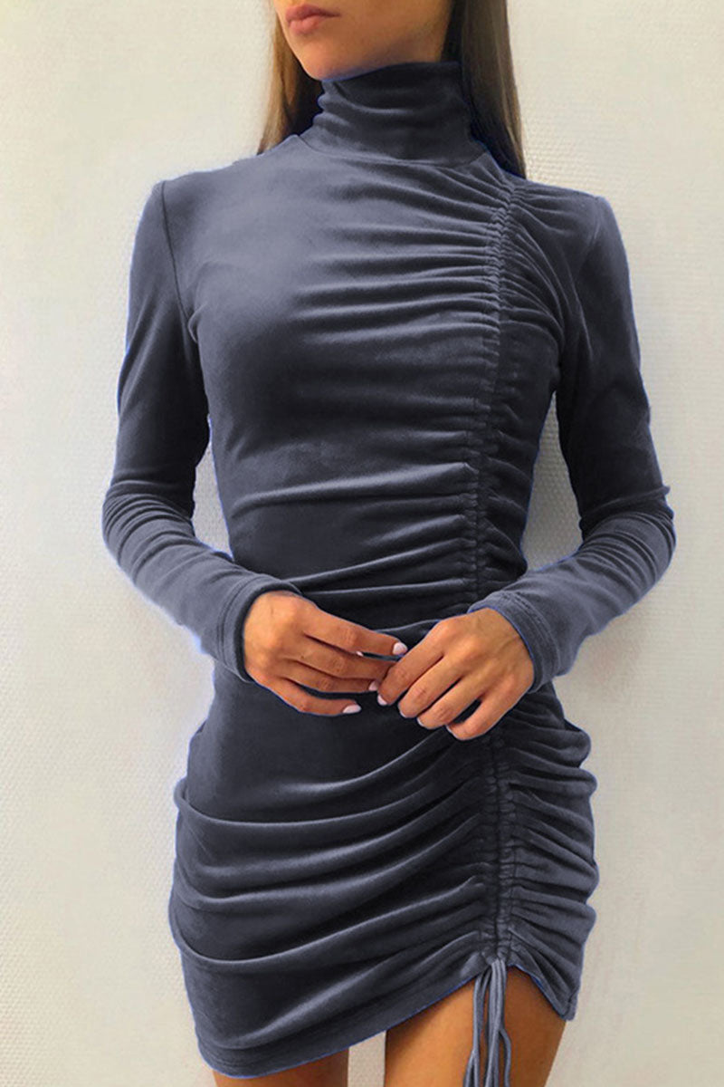 Draw String Half a Turtleneck Wrapped Skirt Dresses(8 Colors)