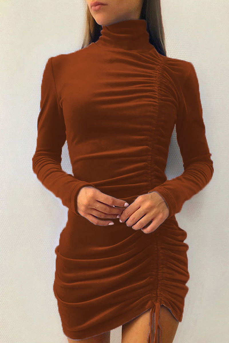Draw String Half a Turtleneck Wrapped Skirt Dresses(8 Colors)