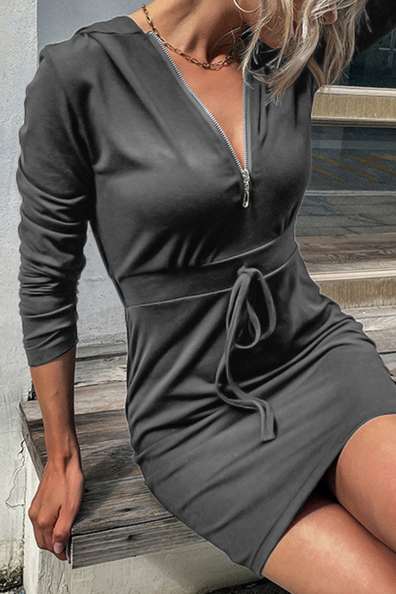 Draw String Zipper Collar Pencil Skirt Dresses(11 Colors)
