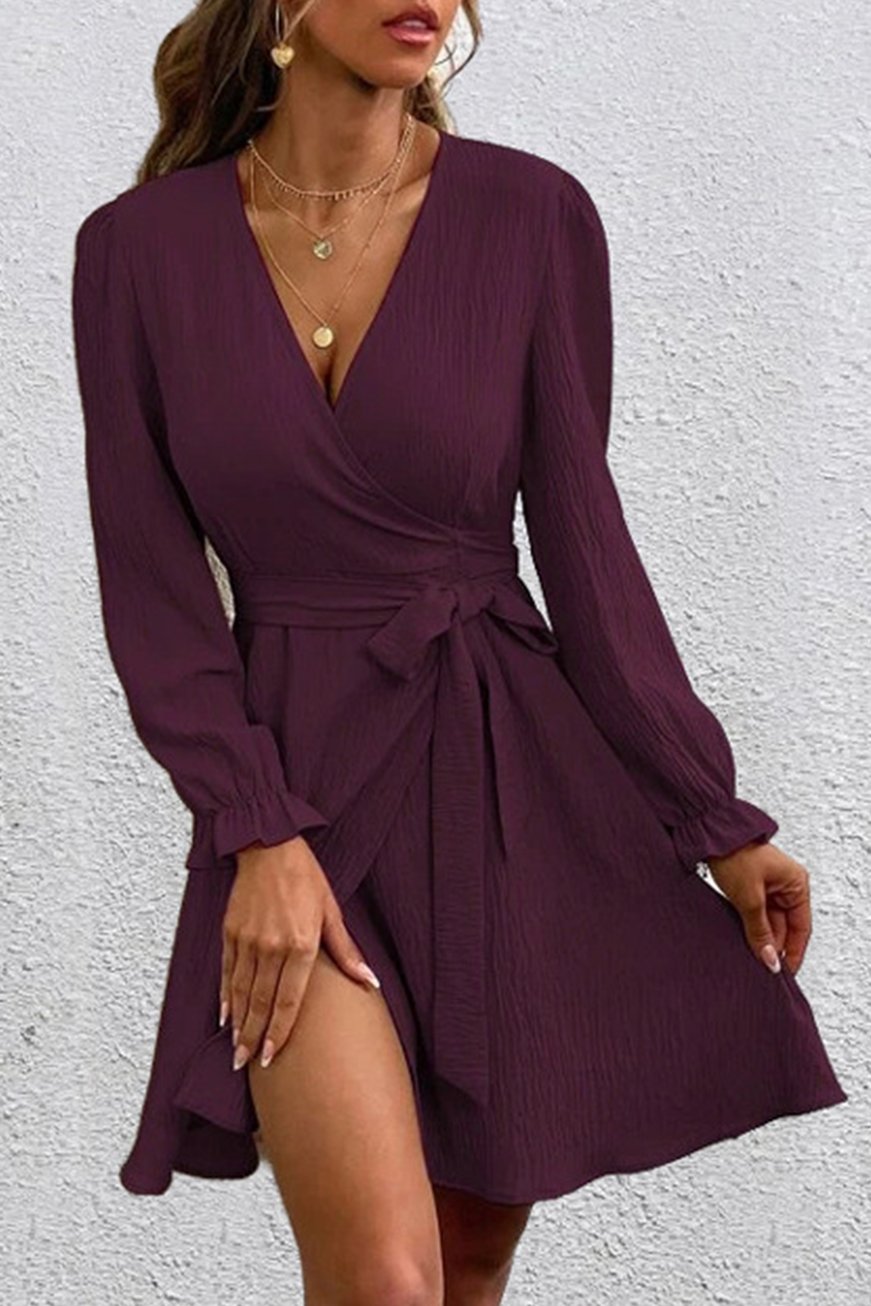 Patchwork V Neck Waist Skirt Dresses(4 Colors)