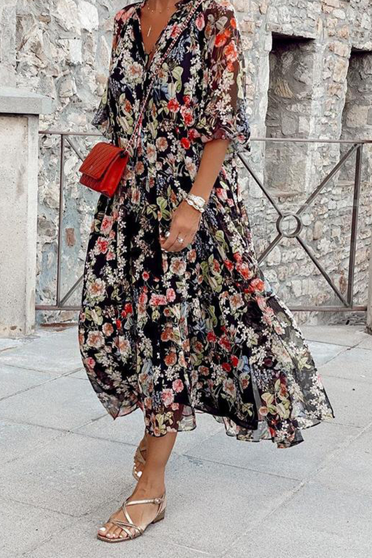 Print Patchwork V Neck Cake Skirt Dresses